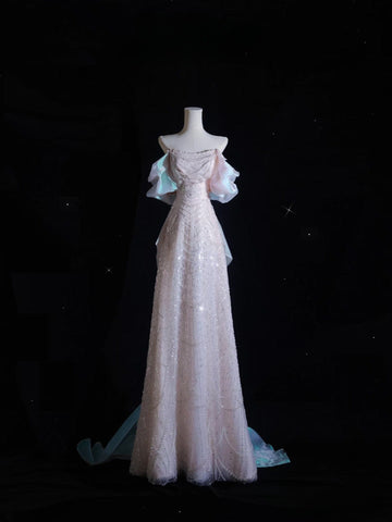 A line Off The Shoulder Pink Sequin Long Prom Dresses Evening Gowns SD2335